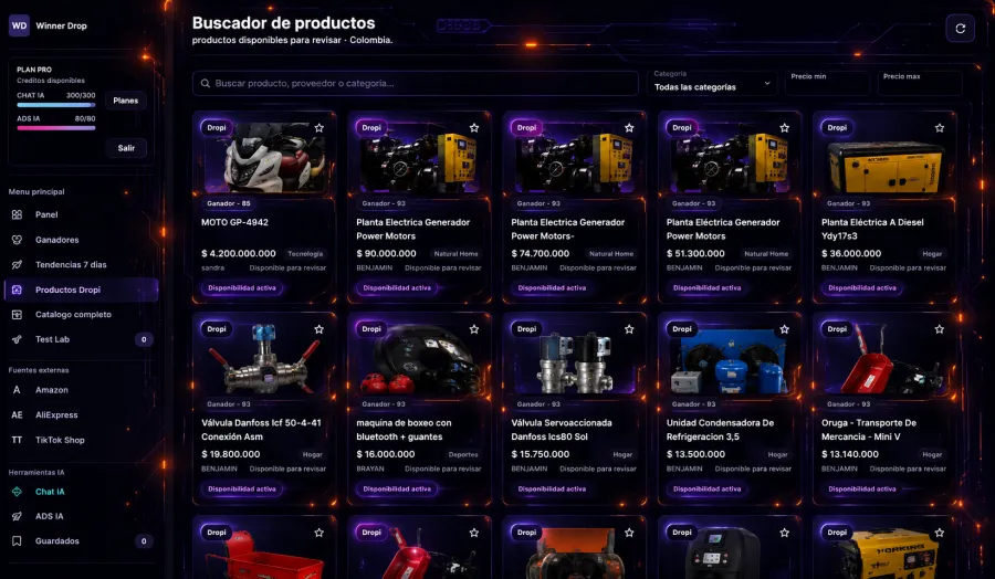 Vista de Winner Drop con productos ganadores